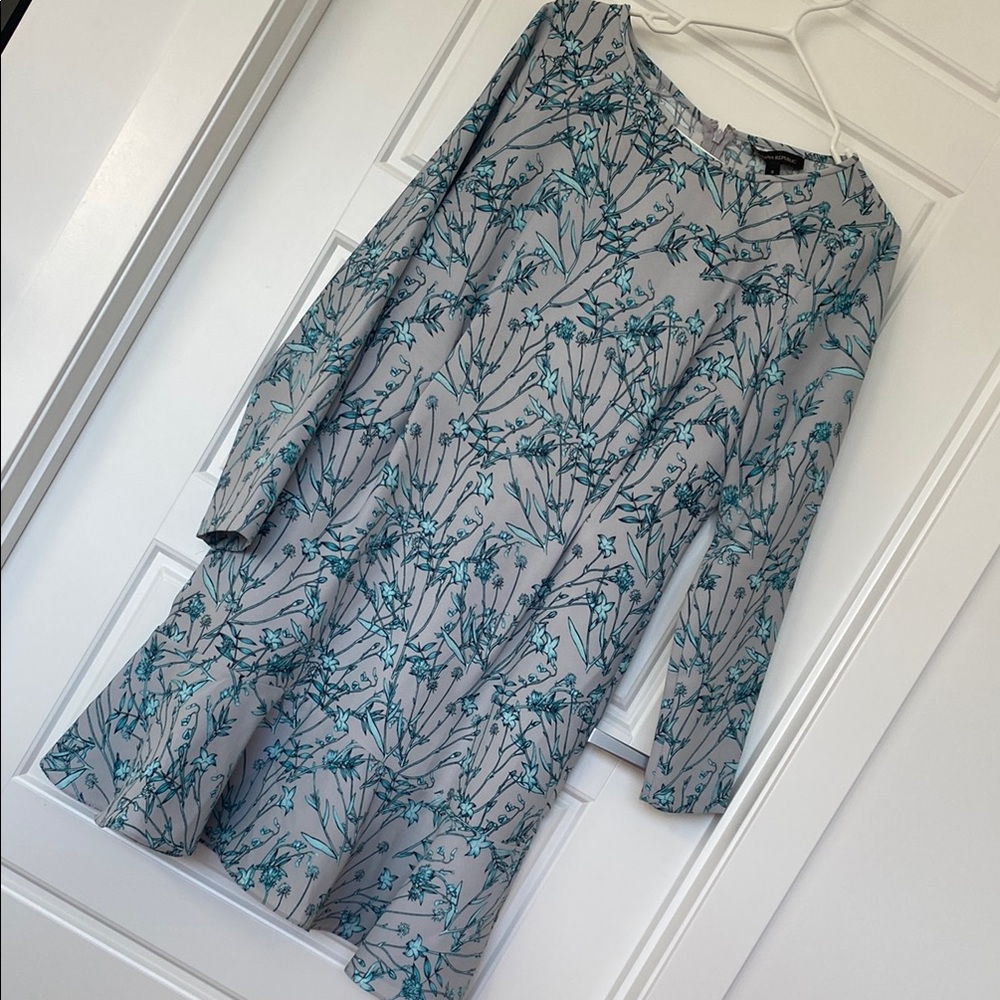 Banana Republic Blue and Gray Sheath Dress with Bateau Neckline ruffled bottom